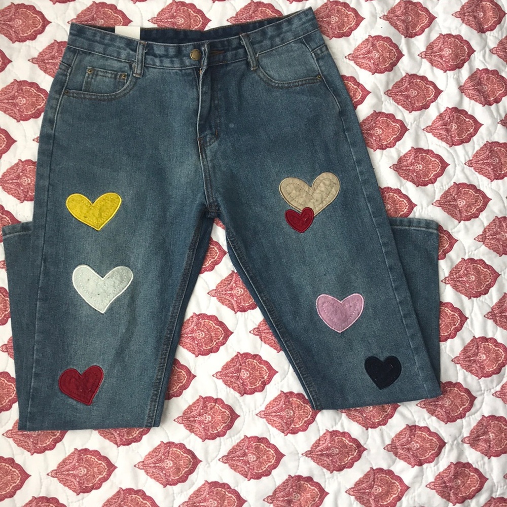 Zaful Open Button Embroidered Hearts Jeans